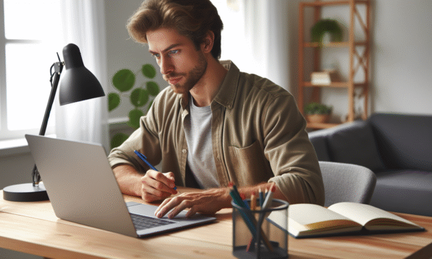 Un homme européen utilisant un ordinateur portable sur un bureau : entre productivité et style