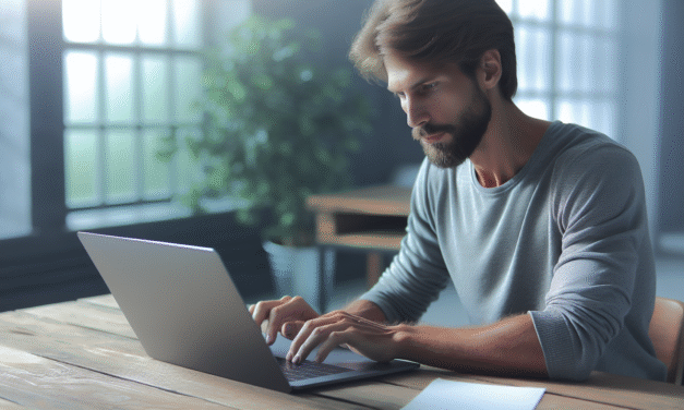 Un homme européen utilisant un ordinateur portable sur un bureau : entre productivité et confort